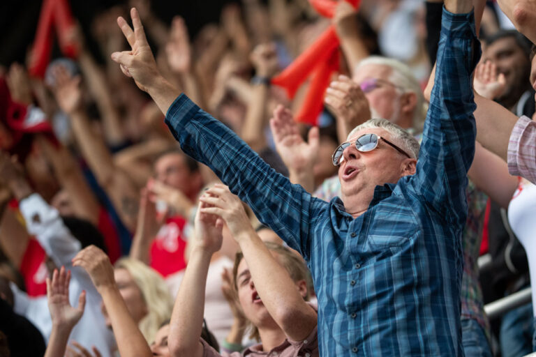 Man with arms raised in a stadium crowd image