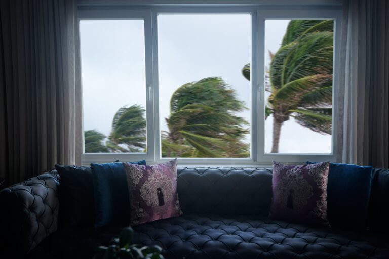 indoor view of close up window and waving palm trees during a hurricane