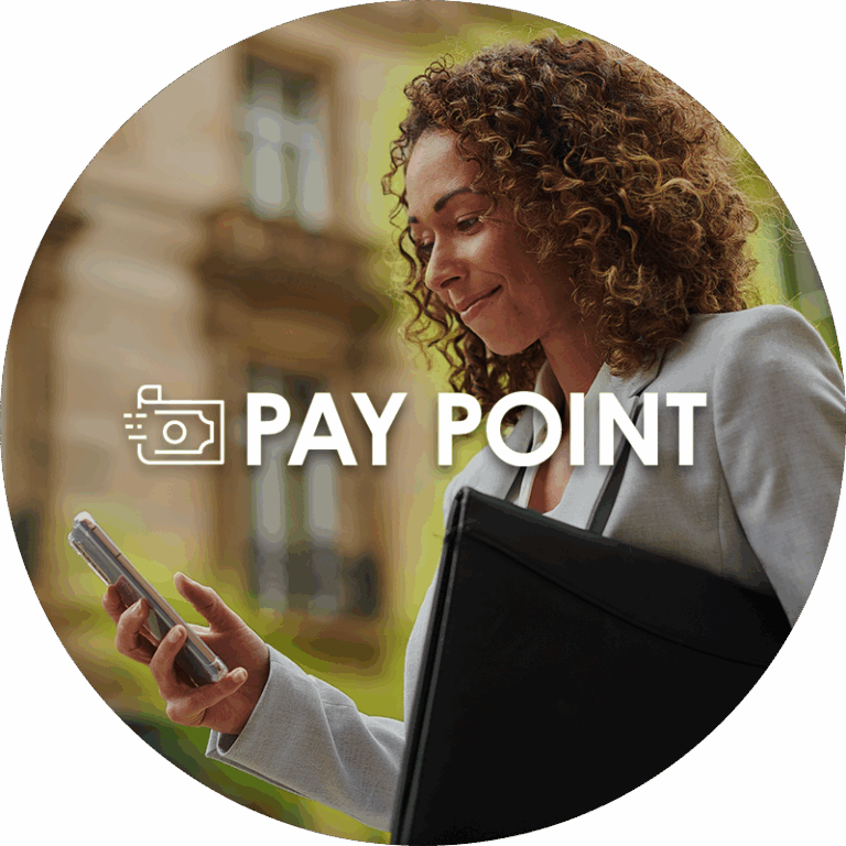 A woman looking at her phone in public, dressed in a suit and carrying a portfolio. The Pay Point logo is overlaid in the center.