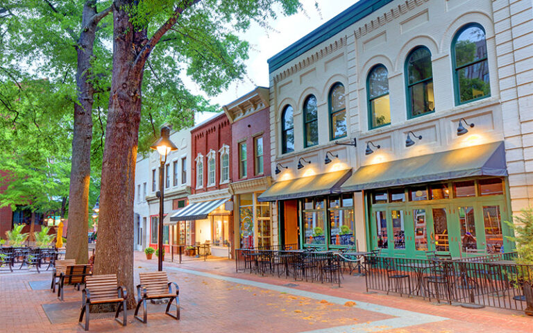 Storefronts on downtown pedestrian mall in Charlottesville, VA.